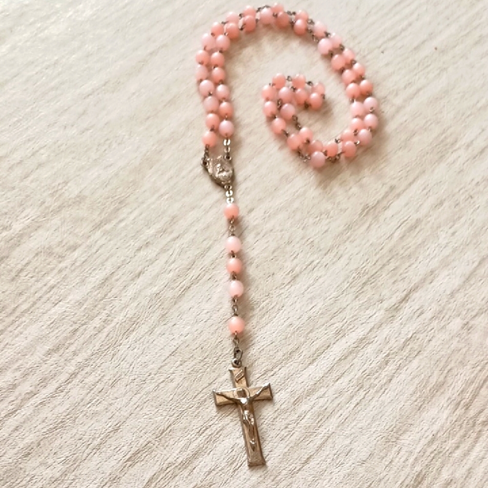 Pink Beaded Rosary with Silver Cross